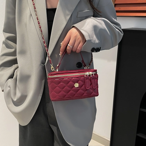 Borsa a Tracolla in Pelle PU Trapuntata Romboidale da Donna Decorazione Floreale Catena Beauty Case Elegante Piccola Borsa