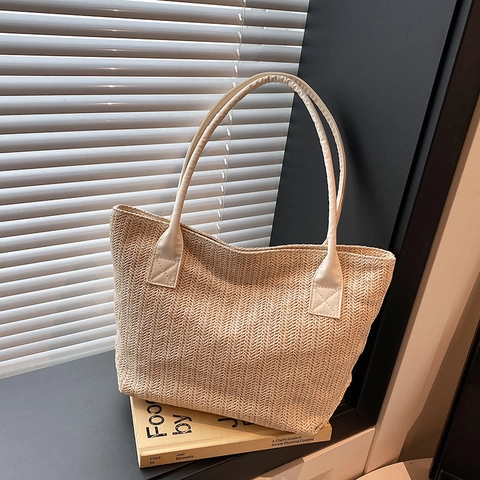 Borsa Tote da Donna Elegante in Paglia Intrecciata Grande Capacità Minimalista Estate Vacanza Spiaggia a Tracolla Con Manici in Pelle PU
