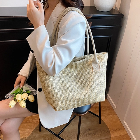 Borsa Tote da Donna Elegante in Paglia Intrecciata Grande Capacità Minimalista Estate Vacanza Spiaggia a Tracolla Con Manici in Pelle PU