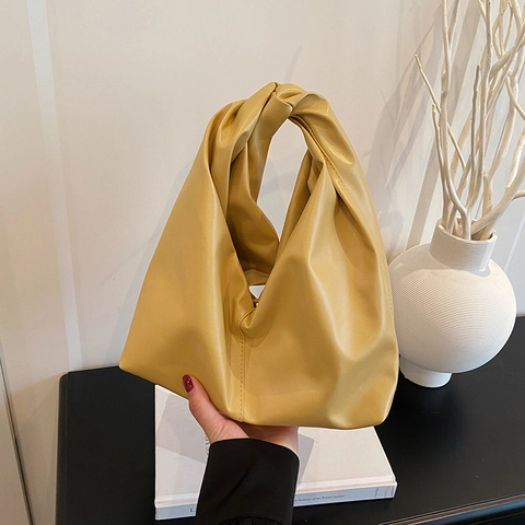 Women PU Leather Knot Handle Hobo Bag Fashionable Pleated Shoulder Bag Minimalist Solid Color Casual Handbag For Ladies