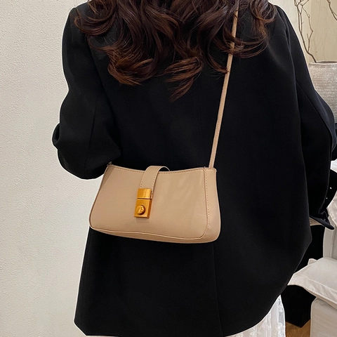 Women Minimalist PU Leather Underarm Bag Vintage Solid Color Shoulder Bag With Gold Buckle Knot Strap Commuter Handbag