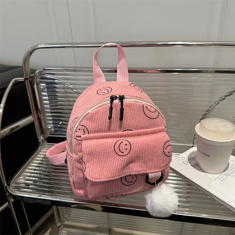 Women Mini Corduroy Backpack Korean Vintage Smiley Face Print Small School Bag With Pompom Casual Trendy Daypack For Students