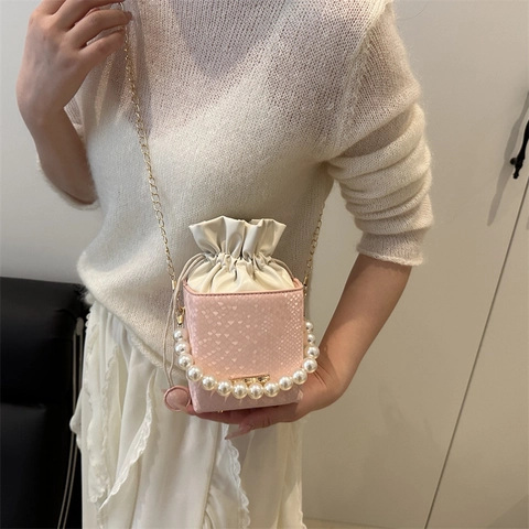Moda Mujer Mini Bolso Cubo Patrón Serpiente Piedra Cuero PU Asa Perla Artificial Cordón Bandolera Cadena Bolso Hombro