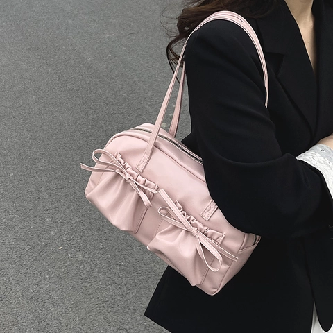 Mode Dames Grote Tote Bag 2025 Strik Geplooide Schoudertas Vintage PU Leer Woon-werkverkeer College Student Daily Tas