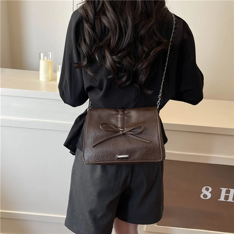 Fashion Women PU Leather Bowknot Crossbody Bag Large Capacity Chain Shoulder Bag Casual Commute Square Tote Bag New Style
