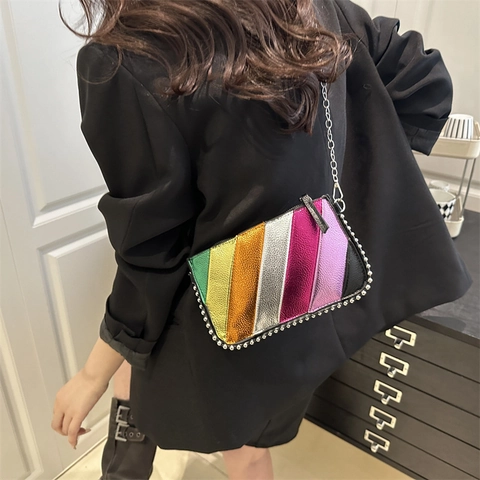Women Korean Fashion Rainbow Striped Small Square Bag Metallic PU Leather Chain Shoulder Bag Trendy Splicing Crossbody Bag