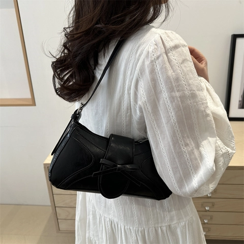 Women Fashion PU Leather Bowknot Shoulder Bag Elegant Baguette Underarm Bag Daily Small Square Purse For Ladies