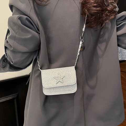 Women Glitter Star Rhinestone Crossbody Bag Small Square Lattice Chain Shoulder Bag Fashion Evening Party Purse