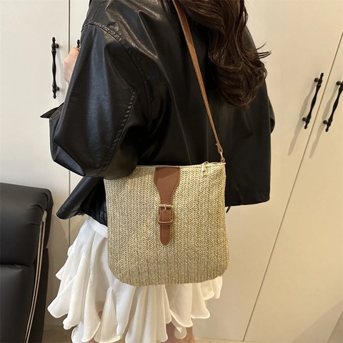 Γαλλική Ψάθινη Πλεκτή Τσάντα Crossbody για Γυναίκες Καλοκαιρινή Τσάντα Παραλίας Με Λουράκι από PU Δέρμα Mori Στυλ