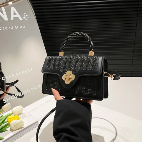 Damen Minimalistische Koreanische Umhängetasche Nischen-Luxus PU Webstruktur Handtasche Mit Goldener Blumenschnalle Kleine Quadratische Tasche