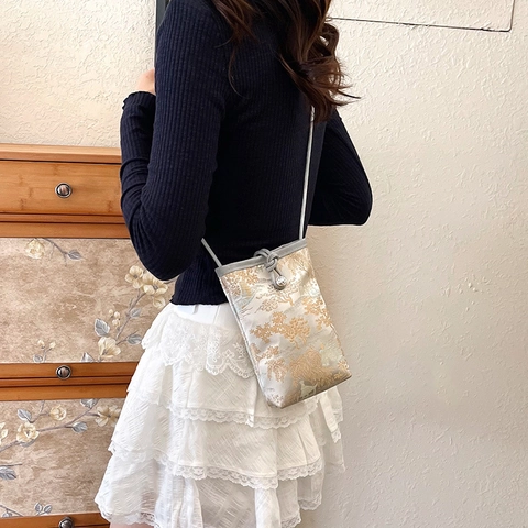 Chinese Style Mini Crossbody Bag Silk Satin Embroidered Jacquard Pattern Small Square Shoulder Bag Elegant Women Bag