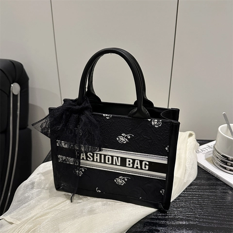 Borsa Tote Donna Con Stampa A Rose Grande Capacità Con Fiocco In Pizzo Borsa A Tracolla Decorativa Floreale Elegante