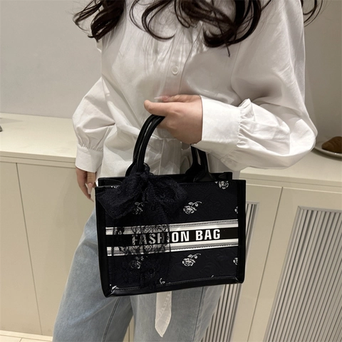 Borsa Tote Donna Con Stampa A Rose Grande Capacità Con Fiocco In Pizzo Borsa A Tracolla Decorativa Floreale Elegante