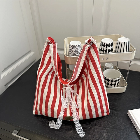 Borsa Tote in Tela a Righe da Donna Borsa a Tracolla di Grande Capacità Con Fiocco in Pizzo Dolce Minimalista Urbana