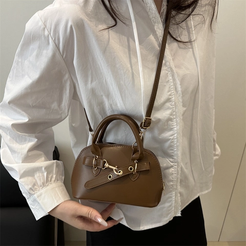 Vintage Muschel Umhängetasche für Damen Modische PU Leder Handtasche Mit Verstellbarem Riemen Retro Mini Bowling Tasche