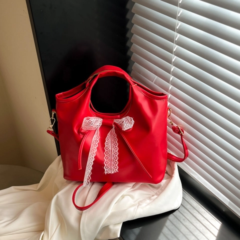 Damen PU Leder Eimertasche Mit Spitze Schleife Süße Vintage Handtasche Einzelne Schulter Achseltasche Große Kapazität Umhängetasche