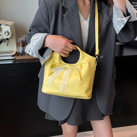 Damen PU Leder Eimertasche Mit Spitze Schleife Süße Vintage Handtasche Einzelne Schulter Achseltasche Große Kapazität Umhängetasche