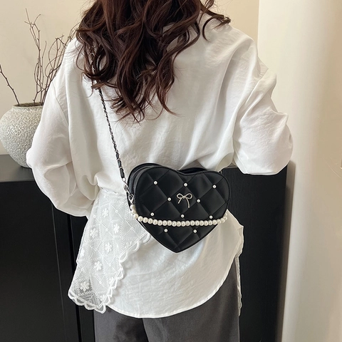 Heart Shaped Mini PU Leather Crossbody Bag Quilted Rhombus Pattern Artificial Pearl Bow Decor Chain Strap Fashion Handbag For Women