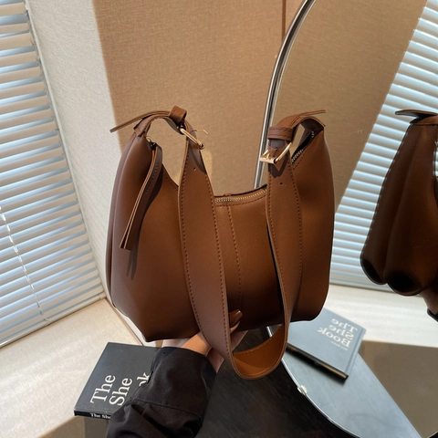 Bolso de Axila Hobo de Cuero PU Retro Minimalista para Mujer Bolso de Hombro de Media Luna Color Sólido Con Correa Ajustable Bolso Bandolera Moda Diario