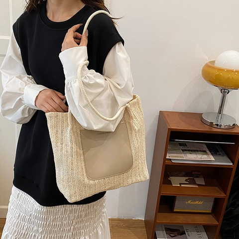 Borsa Tote in Paglia Intrecciata da Donna Grande Capacità Borsa a Tracolla per Vacanze Estive Con Manico in Corda e Patch in Pelle PU
