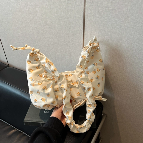 Borsa Dumpling in Nylon con Stampa Floreale Stile Coreano per Donna Vintage con Volant e Fiocco Borsa a Tracolla Tote per Pendolare