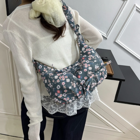 Borsa Dumpling in Nylon con Stampa Floreale Stile Coreano per Donna Vintage con Volant e Fiocco Borsa a Tracolla Tote per Pendolare