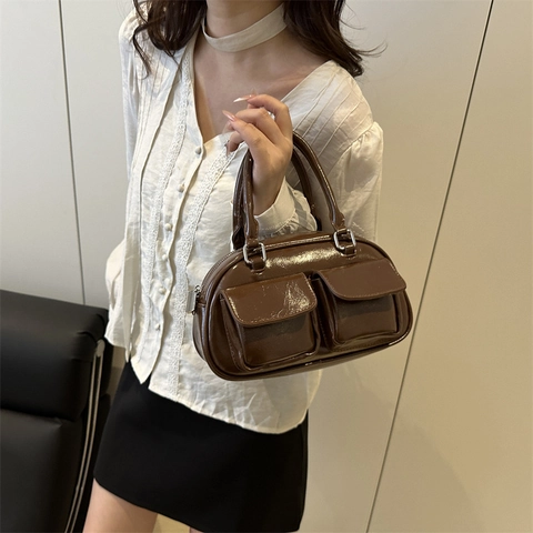 Retro Glänzendem PU-Leder Bowlingtasche Für Damen Trendy Doppeltaschen Achseltasche Verstellbare Umhängetasche Schultertasche