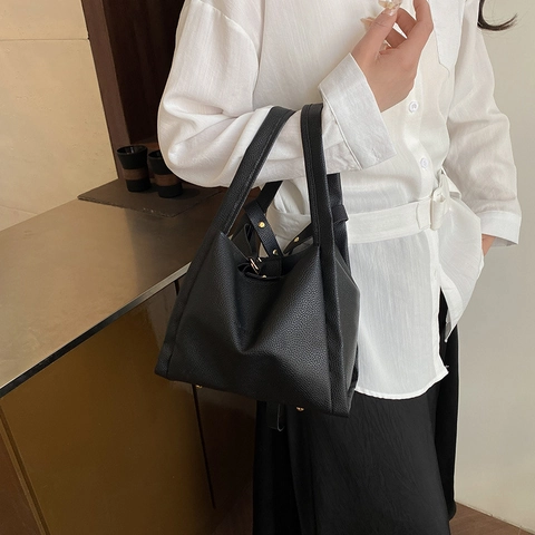 Set di Borse a Secchiello in Pelle PU Minimalista per Donna Texture Litchi Borsa a Mano a Tracolla di Lusso Moda Quotidiana Borsa Versatile