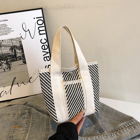 Women Mini Woven Tote Bag Simple Colorful Striped Handbag With Metal Snap Button Casual Polyester Knitting Shoulder Purse