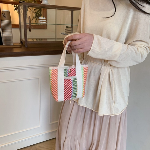 Women Mini Woven Tote Bag Simple Colorful Striped Handbag With Metal Snap Button Casual Polyester Knitting Shoulder Purse