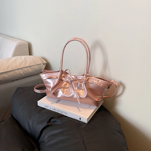Elegante Bolso Bandolera de Cuero PU con Lazo y Pliegues para Mujer Bolso de Mano de Color Sólido para Viajes Diarios
