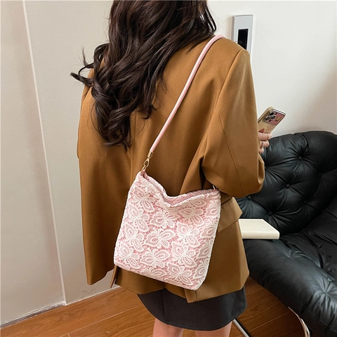 Pastorale Stijl Vrouwen Kant Schoudertas Grote Capaciteit Bloem Vlinder Patroon Fairy Tote Bag Koreaanse Elegante Rits Tas