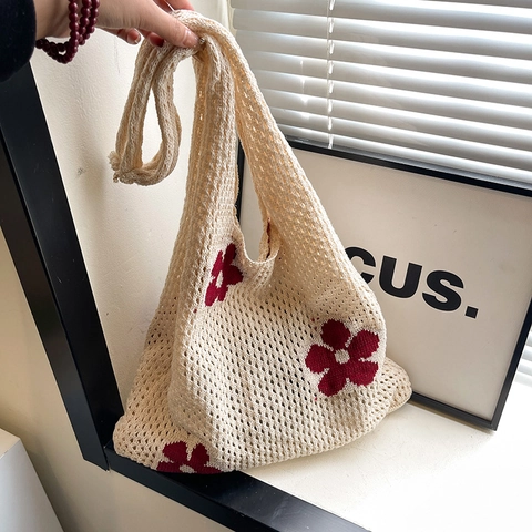 Borsa Tote in Maglia Traforata per Donna Grande Capacità Motivo Floreale Borsa a Tracolla Vintage Borsa a Mano all'Uncinetto