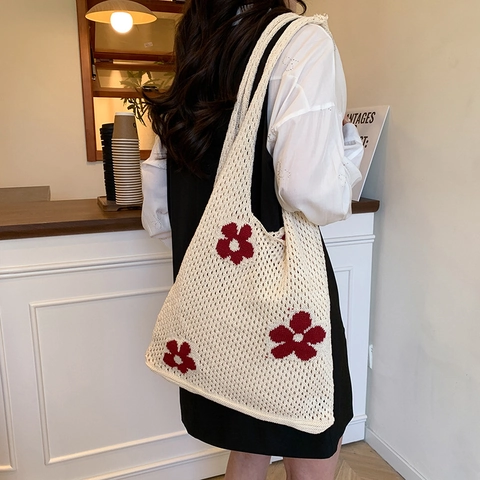 Borsa Tote in Maglia Traforata per Donna Grande Capacità Motivo Floreale Borsa a Tracolla Vintage Borsa a Mano all'Uncinetto