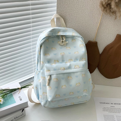 Schattige Nylon Rugzak Met Kattenprint Voor Dames Meisjes Grote Capaciteit Lichtgewicht Schooltas Frisse Stijl Casual