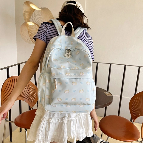 Schattige Nylon Rugzak Met Kattenprint Voor Dames Meisjes Grote Capaciteit Lichtgewicht Schooltas Frisse Stijl Casual