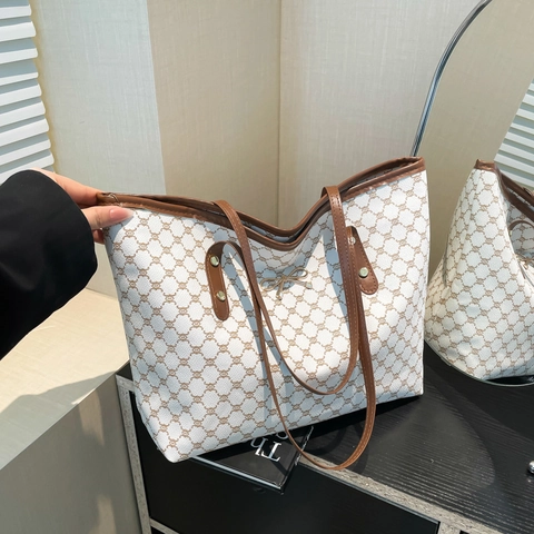 Vintage Monogramm Druck Große Kapazität Tote Bag Für Damen Mode PU Leder Schultertasche Mit Schleife Dekor Handtasche