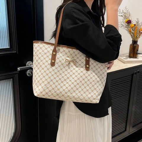 Vintage Monogramm Druck Große Kapazität Tote Bag Für Damen Mode PU Leder Schultertasche Mit Schleife Dekor Handtasche