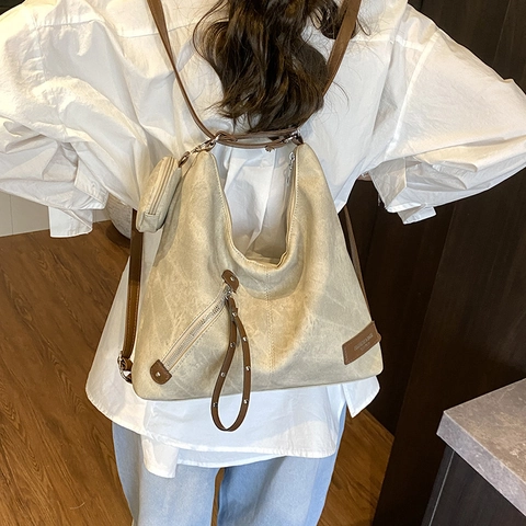 Large Capacity Retro PU Leather Fashion Backpack For Women Simple Contrast Color Underarm Bag With Mini Round Pouch Shoulder Bag Commuter Tote