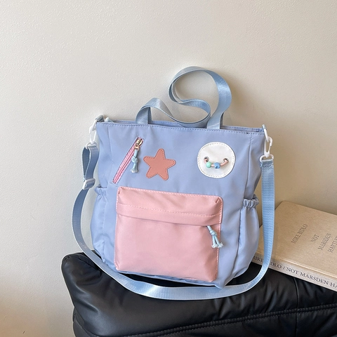 Bolso Tote De Nailon Con Parche De Estrella Lindo Gran Capacidad Color En Contraste Bolso De Hombro Para Mujer Estudiante Escuela