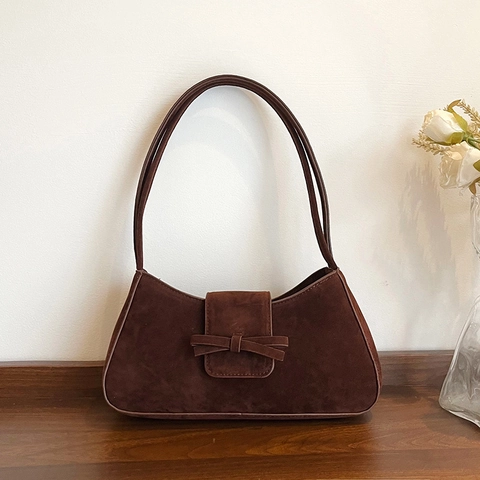 Französische Vintage Schultertasche Wildlederimitat Mit Schleife Damen Minimalistische Baguette Achseltasche Elegante Große Kapazität Handtasche