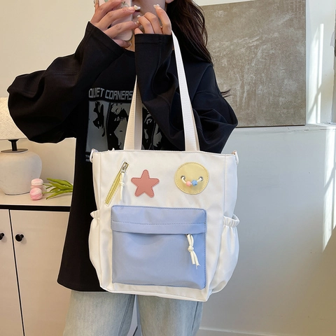 Bolso Tote De Nailon Con Parche De Estrella Lindo Gran Capacidad Color En Contraste Bolso De Hombro Para Mujer Estudiante Escuela