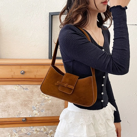 Französische Vintage Schultertasche Wildlederimitat Mit Schleife Damen Minimalistische Baguette Achseltasche Elegante Große Kapazität Handtasche