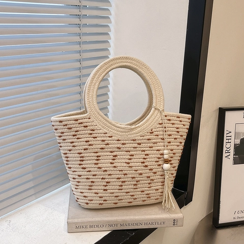 Damen Mode Gewebt Eimertasche Große Kapazität Punktmuster Schultertasche Casual Sommer Strand Strohtasche Quaste Rundgriff