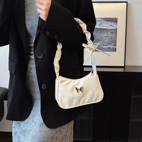 Damen Ruched Unterarmtasche Mit Metall Schmetterlingsdekor Süßem Bogengurt PU Leder Umhängetasche Mode Y2K Crossbody Handtasche