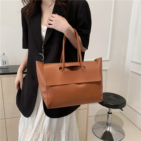 Women's Minimalist Large Capacity PU Leather Tote Bag Retro Commuter Shoulder Bag Solid Color Casual Fashion Handbag