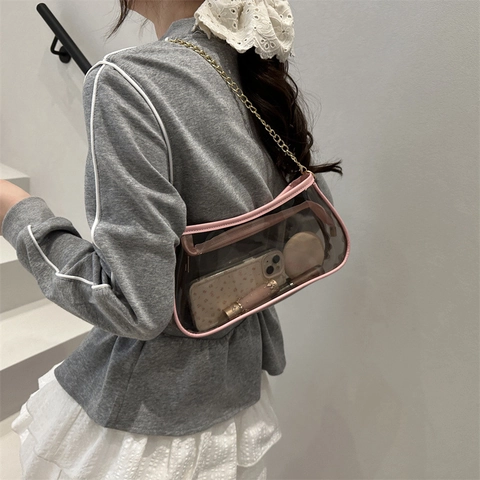 Women Clear PVC Shoulder Bag Transparent Underarm Bag With Metal Chain Strap Synthetic Leather Edging Urban Minimalist Handbag