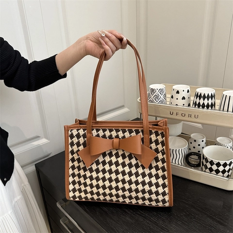 Schleife Dekor Hahnentritt Einkaufstasche Für Damen Retro Große Kapazität Umhängetasche Mit Kunstleder Schleife Elegante Handtasche Täglich Pendeln