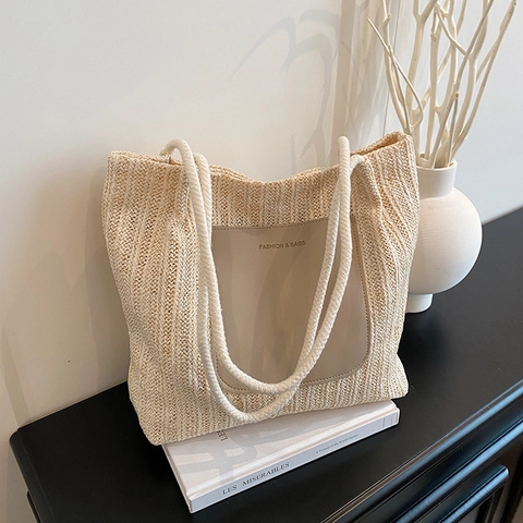 Women Straw Woven Tote Bag Large Capacity Minimalist Niche Shoulder Bag With PU Patch Cotton Rope Handles Vacation Commuter Bag