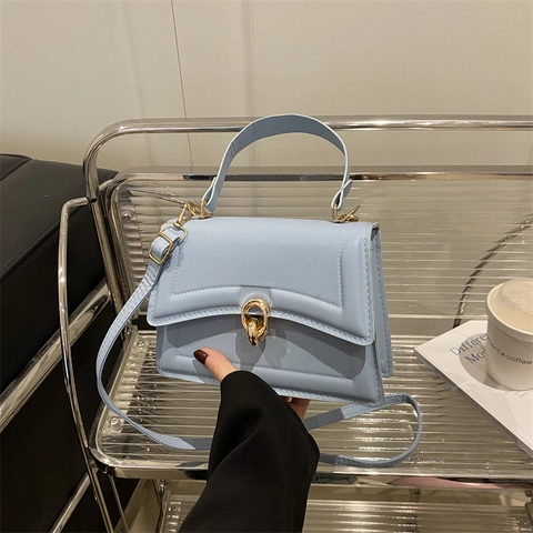 Minimalist Women PU Leather Flap Crossbody Bag With Golden Metal Lock Stitching Detail Small Square Shoulder Bag For Daily Use